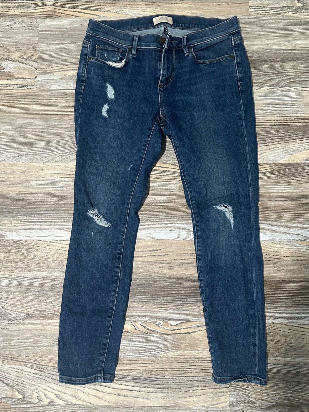 LOFT Dark Indigo Straight-Leg Distressed Jeans